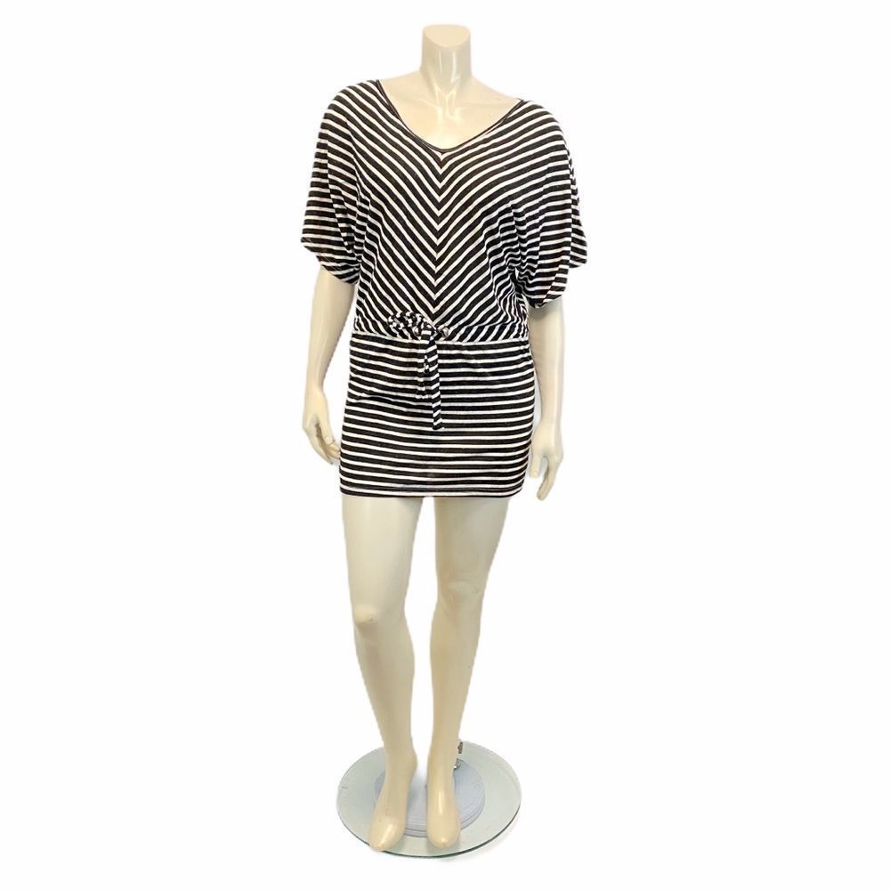 UMGEE Stripe Black White Batwing V Neck Drawstring Batwing Sleeve Mini Dress